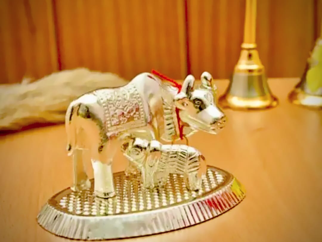 German Silver Plated Kamdhenu Cow and Calf Idol for Vastu, Puja and Gifting