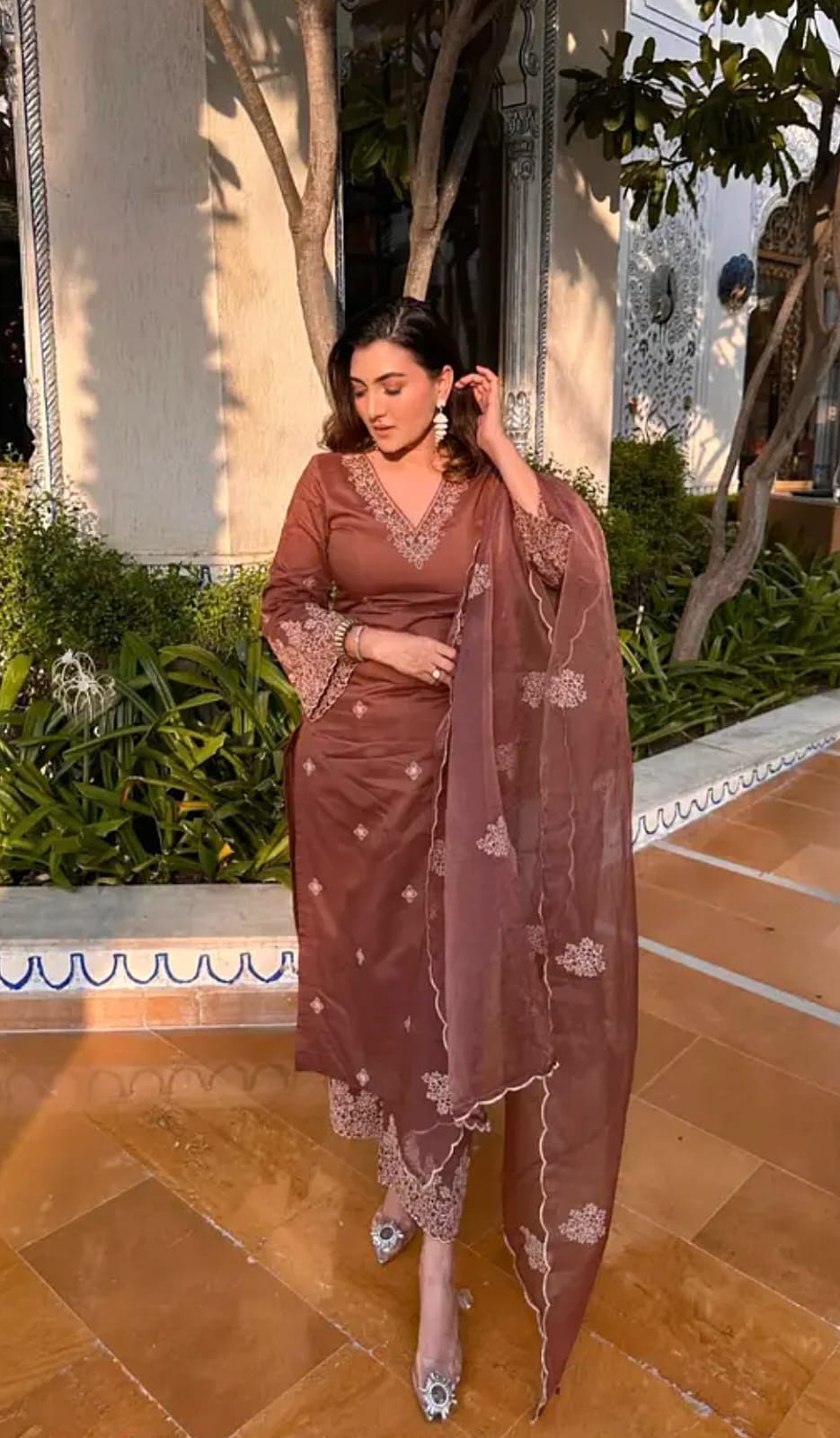 Coffee Brown Silk Kurta Set with Organza Dupatta
