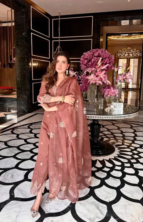 Coffee Brown Silk Kurta Set with Organza Dupatta