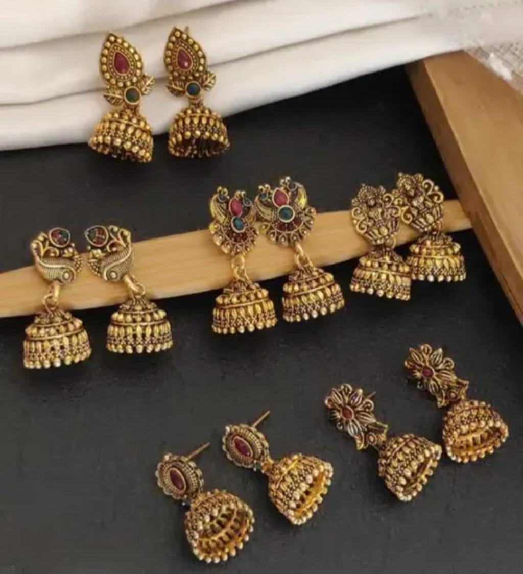 Antique Gold Traditional Jhumka Earrings | Ethnic Floral & Peacock Design