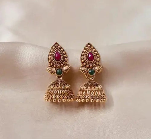 Antique Gold Traditional Jhumka Earrings | Ethnic Floral & Peacock Design