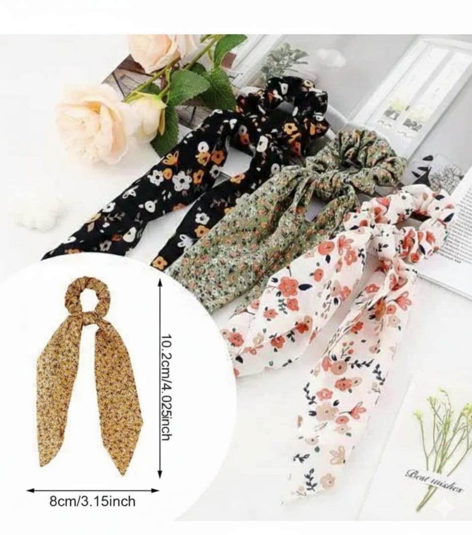 Elegant Floral Print Scarf Scrunchies – Trendy Bow Hair Ties for Women