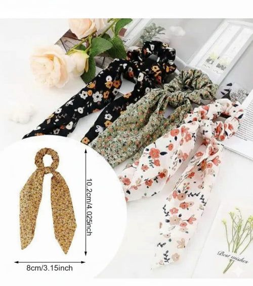 Elegant Floral Print Scarf Scrunchies – Trendy Bow Hair Ties for Women