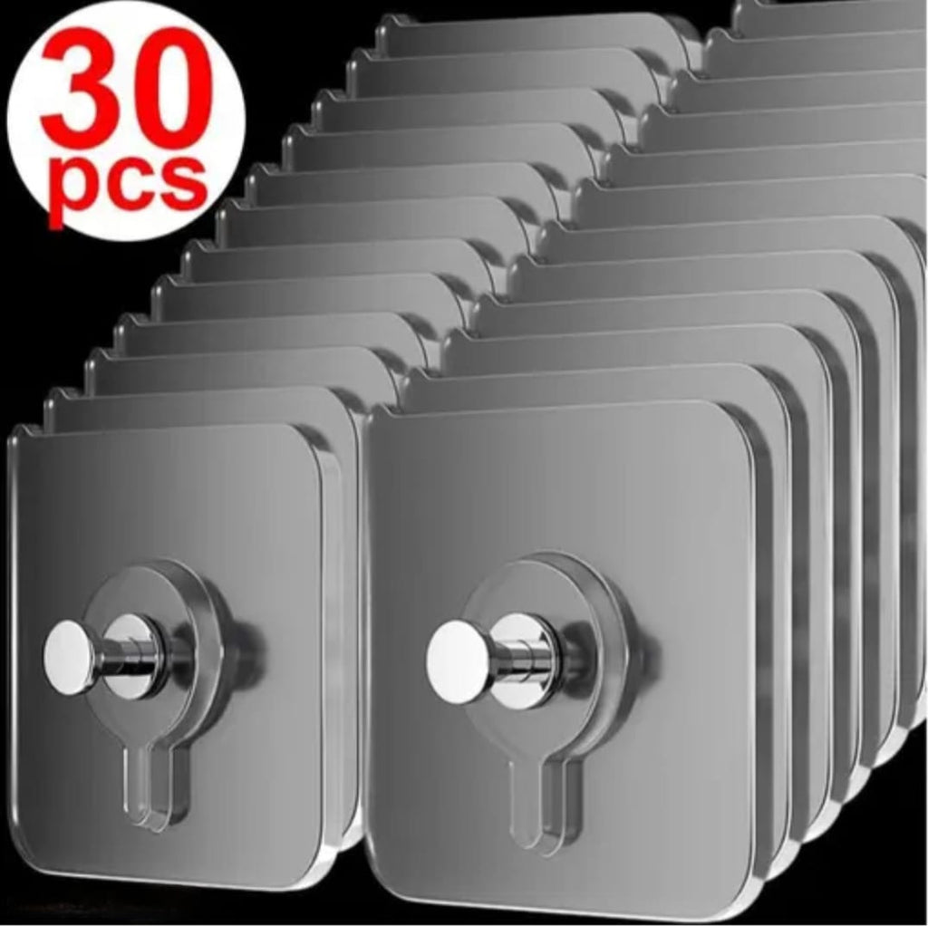 Heavy Duty Self-Adhesive Transparent Wall Hooks – Waterproof & Oil-Proof Reusable(Pack of 30)