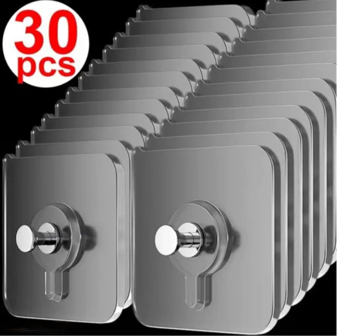 Heavy Duty Self-Adhesive Transparent Wall Hooks – Waterproof & Oil-Proof Reusable(Pack of 30)