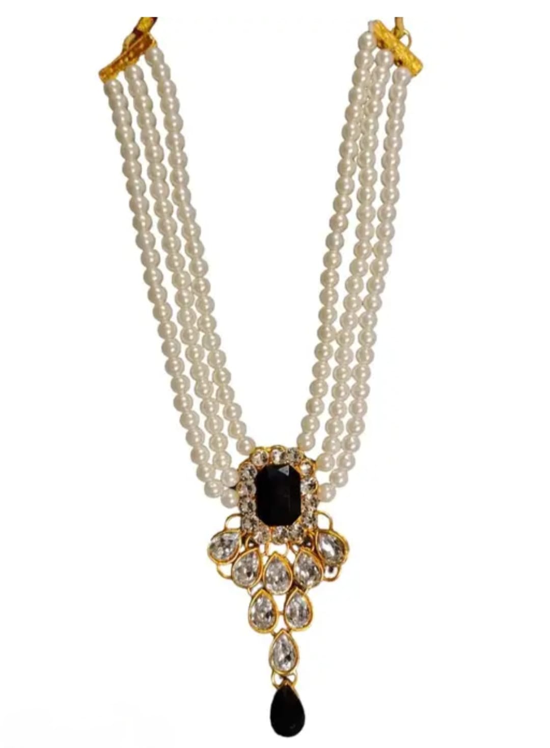 Elegant White Pearl & Black Stone Kundan Choker Necklace Set with Earrings & Maang Tikka