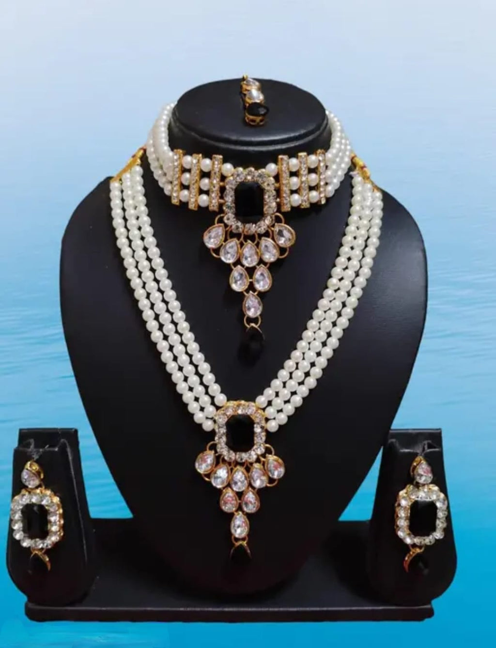 Elegant White Pearl & Black Stone Kundan Choker Necklace Set with Earrings & Maang Tikka