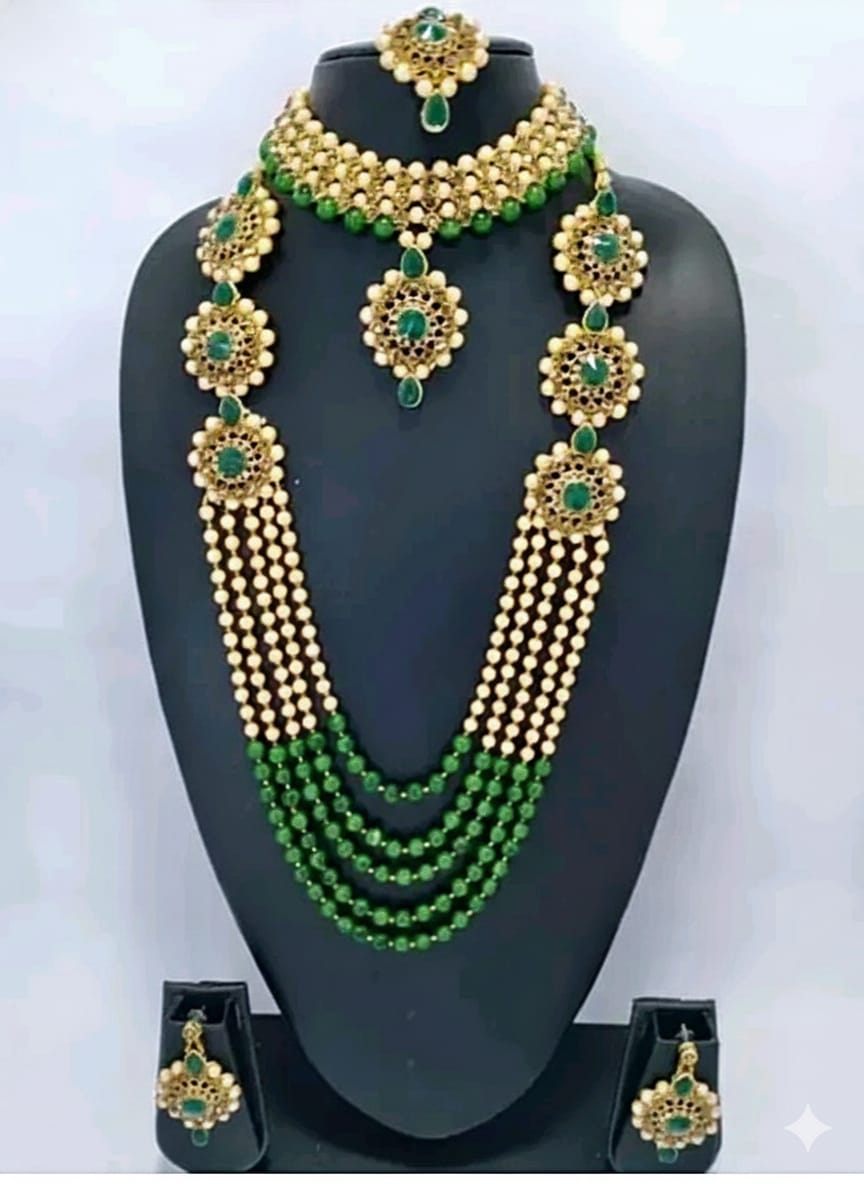 Traditional Emerald Green & Pearl Kundan Bridal Jewellery Set with Rani Haar