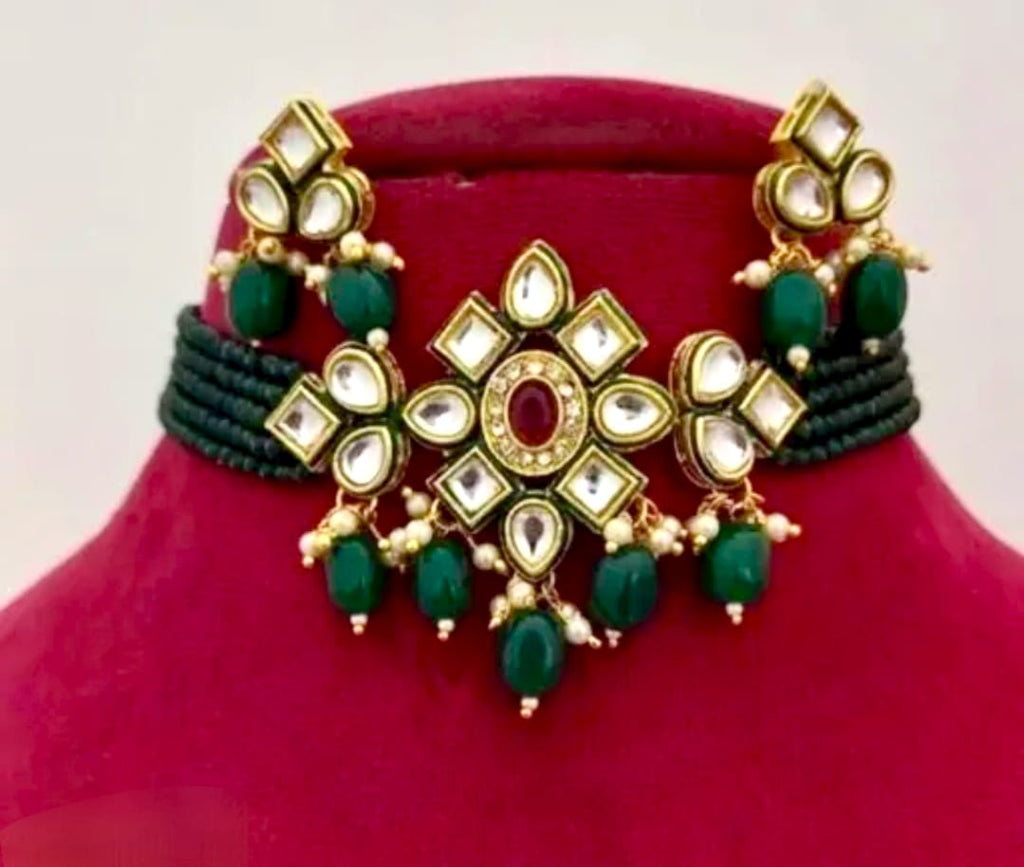 Royal Green Pearl Choker Necklace Set – Bridal & Festive Wear