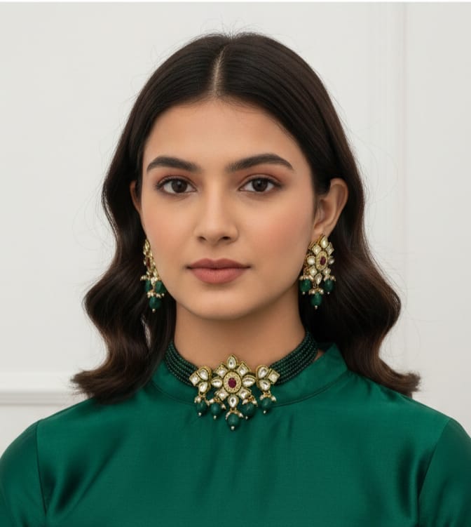 Royal Green Pearl Choker Necklace Set – Bridal & Festive Wear