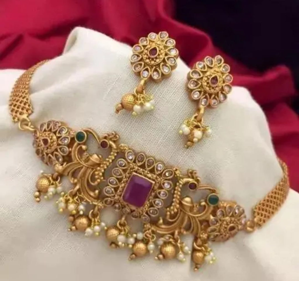 Traditional Antique Gold-Plated Peacock Motif Choker Necklace Set