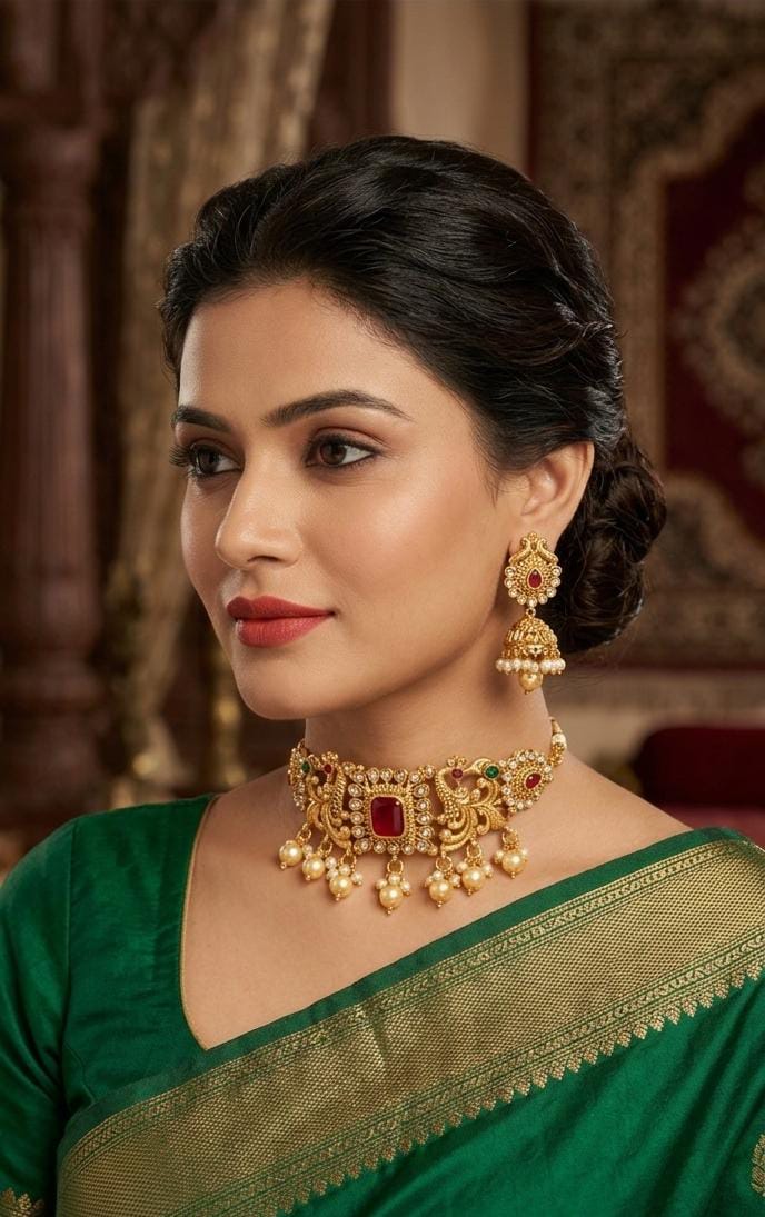 Traditional Antique Gold-Plated Peacock Motif Choker Necklace Set