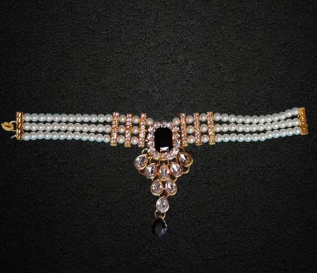 Elegant White Pearl & Black Stone Kundan Choker Necklace Set with Earrings & Maang Tikka