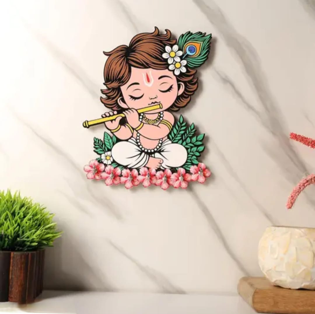 Little Krishna Wooden Wall Key Holder | Spiritual Home & Office Decor (Set of 2)