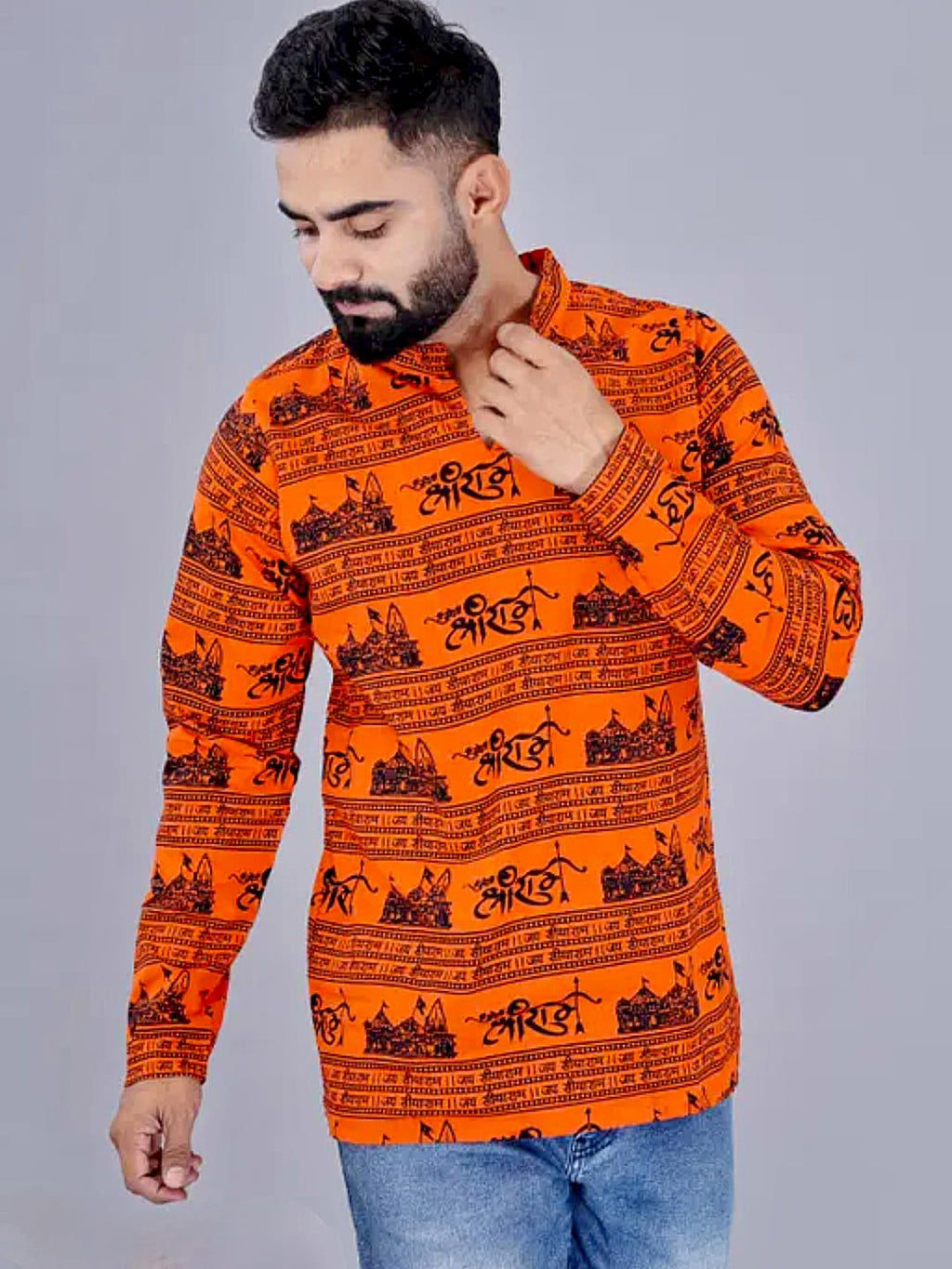 Temple Pattern Saffron Kurta
