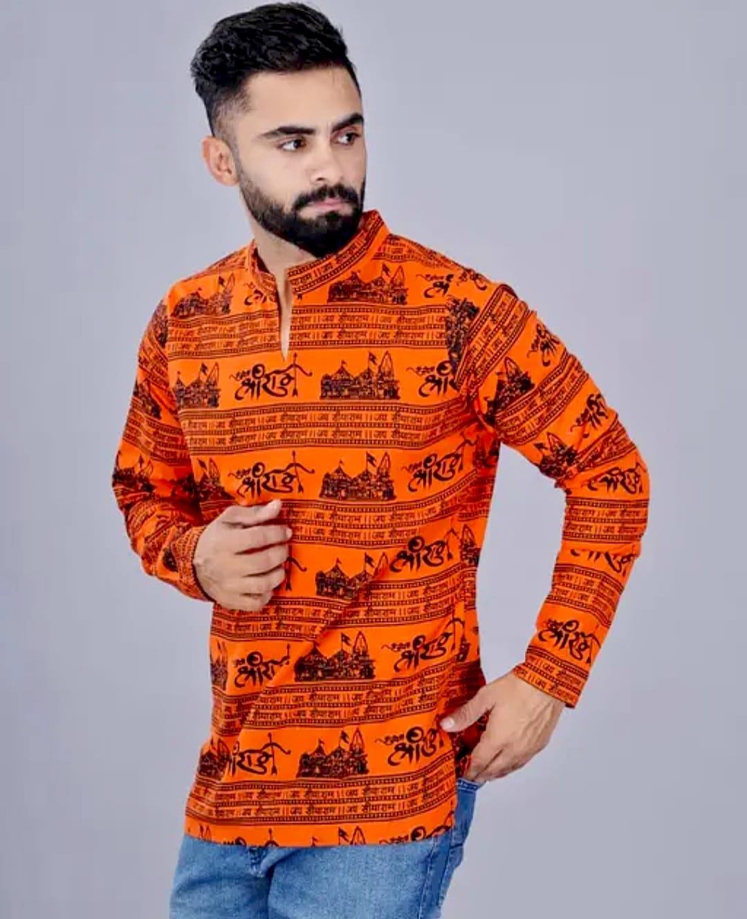 Temple Pattern Saffron Kurta