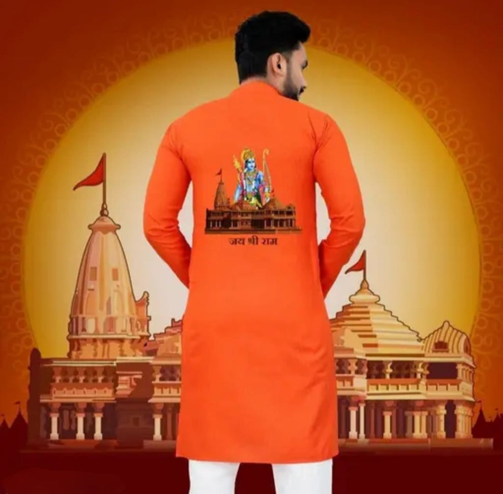 Men's Orange Ram Mandir Printed Kurta