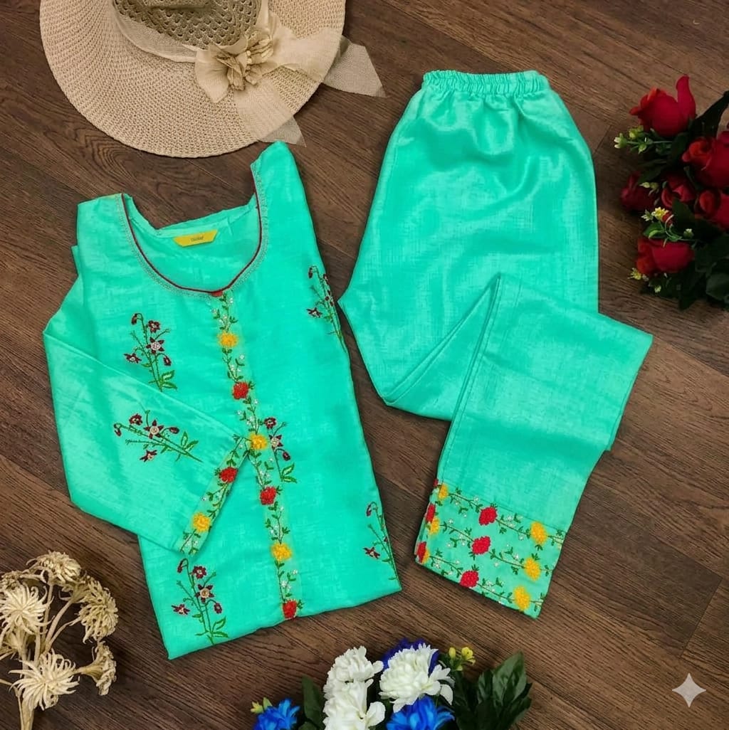 Women's Seafoam Green Embroidered Kurta & Pant Set