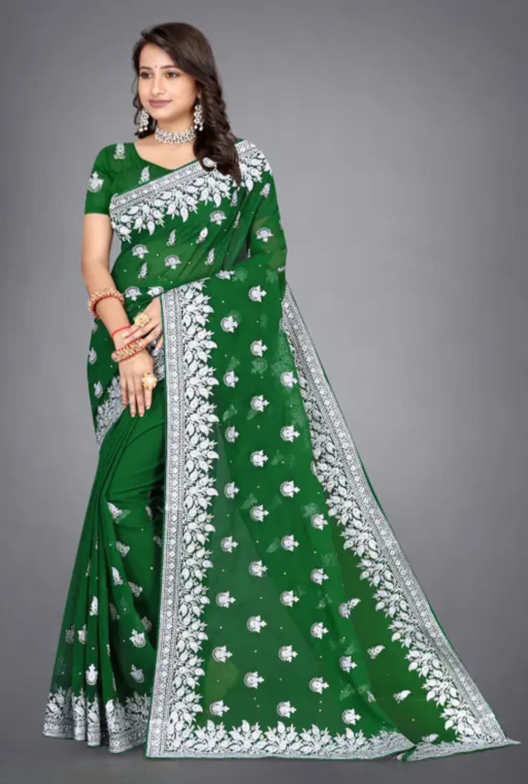 Green Embroidered Georgette Saree