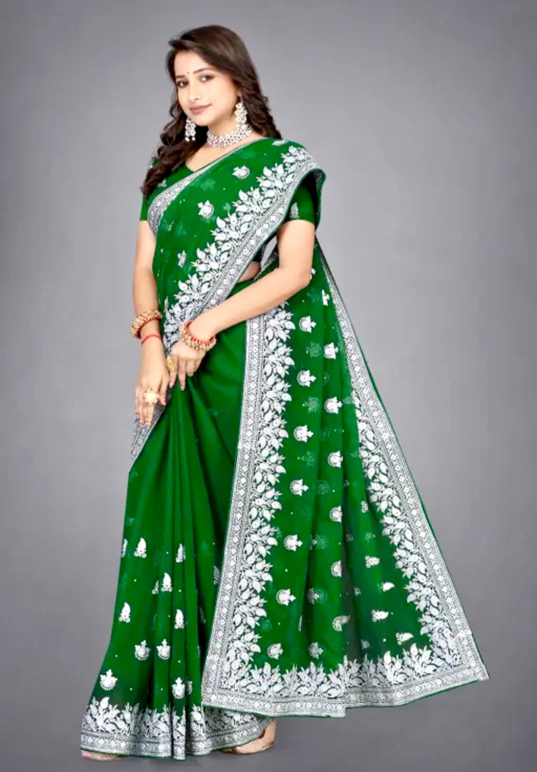 Green Embroidered Georgette Saree