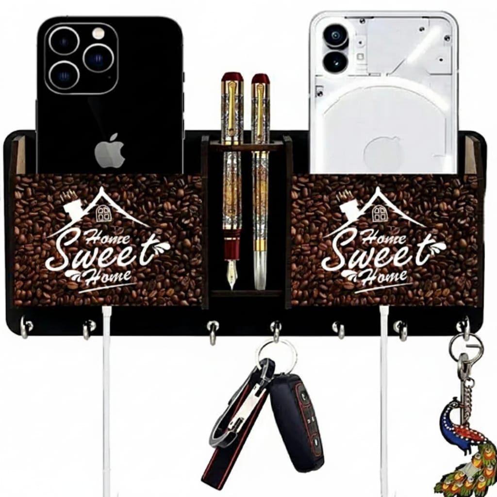 Multi-Purpose Wooden Wall Key Holder | Mobile Charging Slot & Pen Stand (Coffee Print)