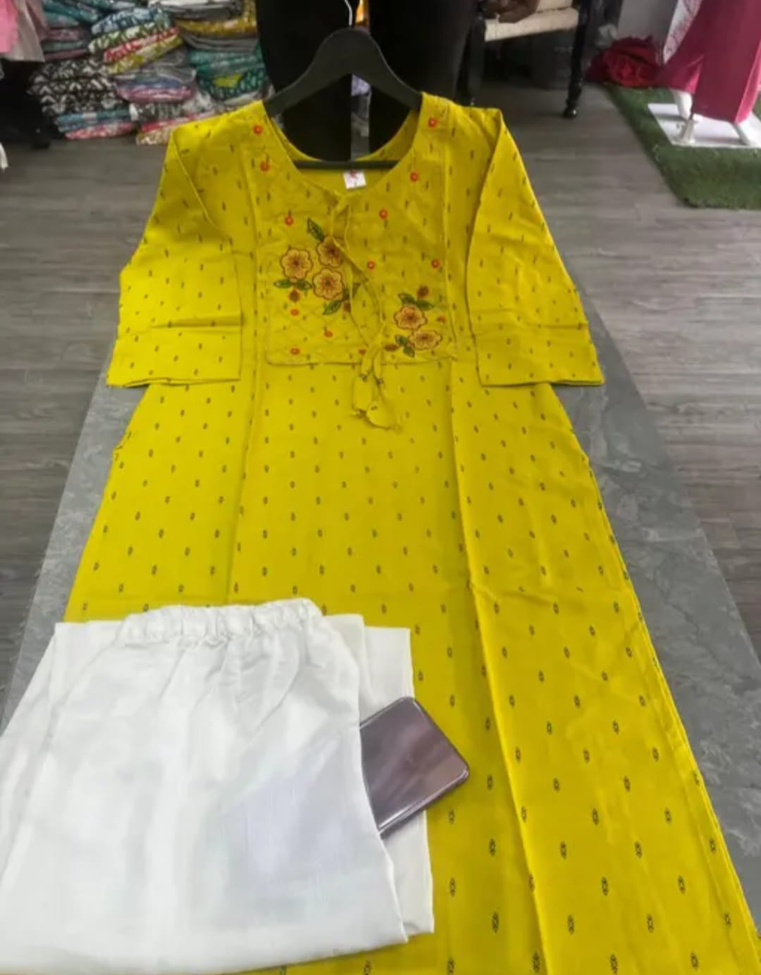 Women's Mustard Yellow Embroidered Kurti with White Cotton Palazzo