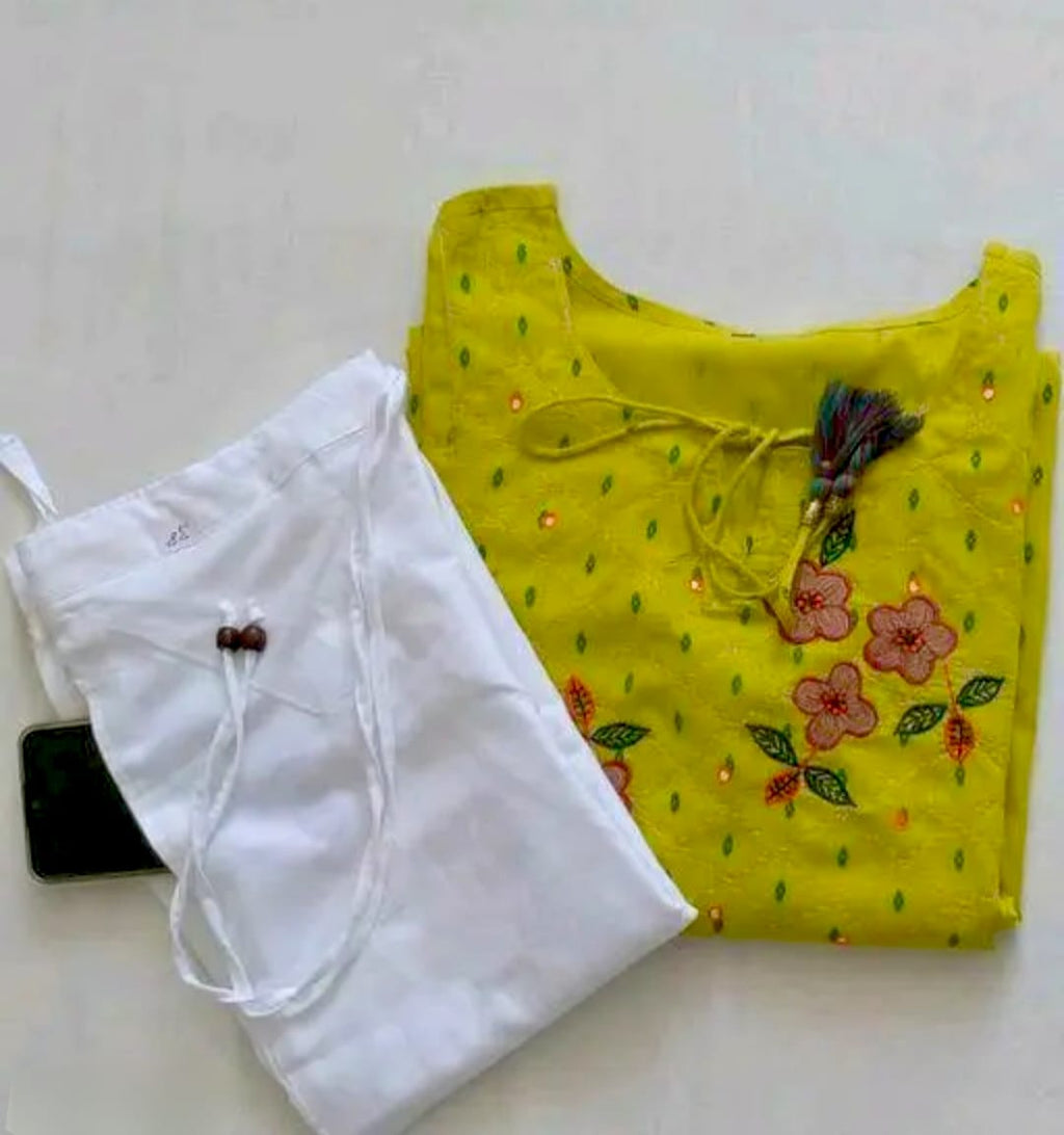 Women's Mustard Yellow Embroidered Kurti with White Cotton Palazzo
